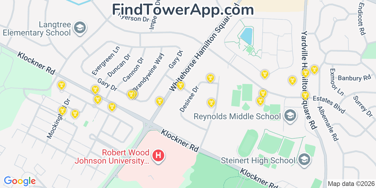 Map showing the 20 primary cell tower locations detected in Mercerville Hamilton Square, New Jersey from AT&T, Verizon, and T-Mobile networks