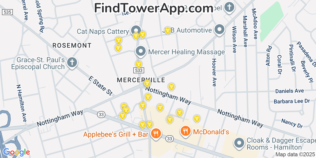 Map showing the 20 primary cell tower locations detected in Mercerville, New Jersey from AT&T, Verizon, and T-Mobile networks