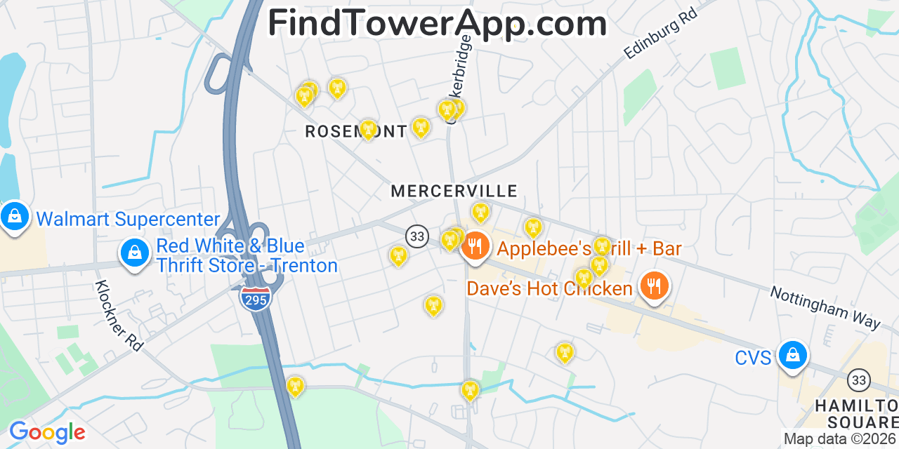 Map showing the 20 primary cell tower locations detected in Mercerville, New Jersey from AT&T, Verizon, and T-Mobile networks