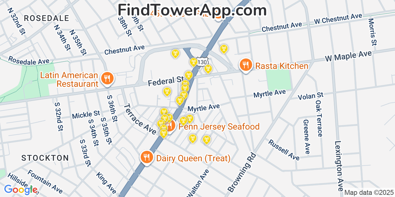 Map showing the 20 primary cell tower locations detected in Merchantville, New Jersey from AT&T, Verizon, and T-Mobile networks
