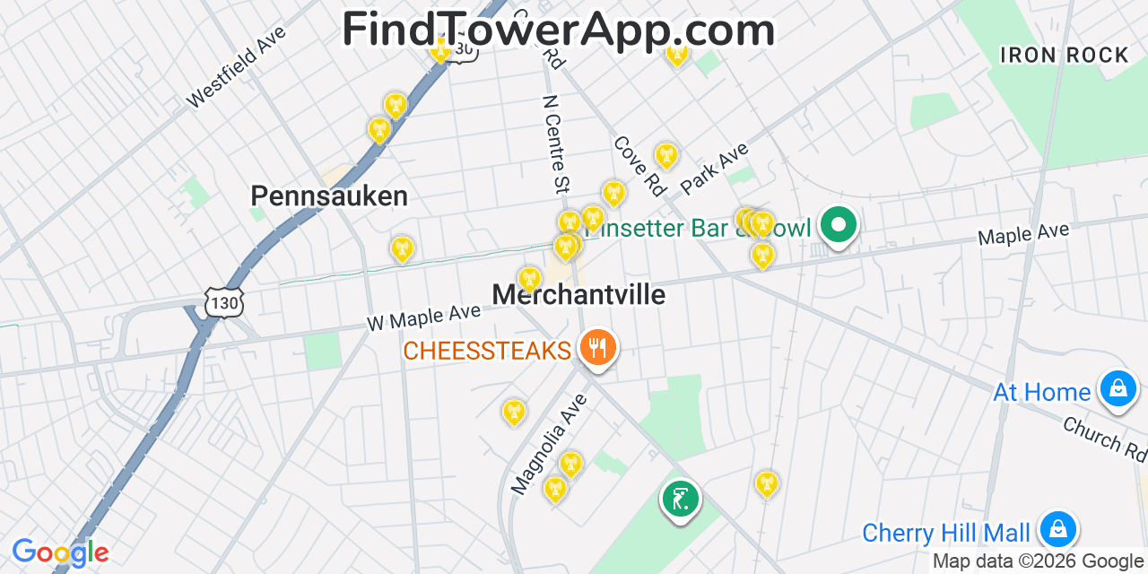 Map showing the 20 primary cell tower locations detected in Merchantville, New Jersey from AT&T, Verizon, and T-Mobile networks