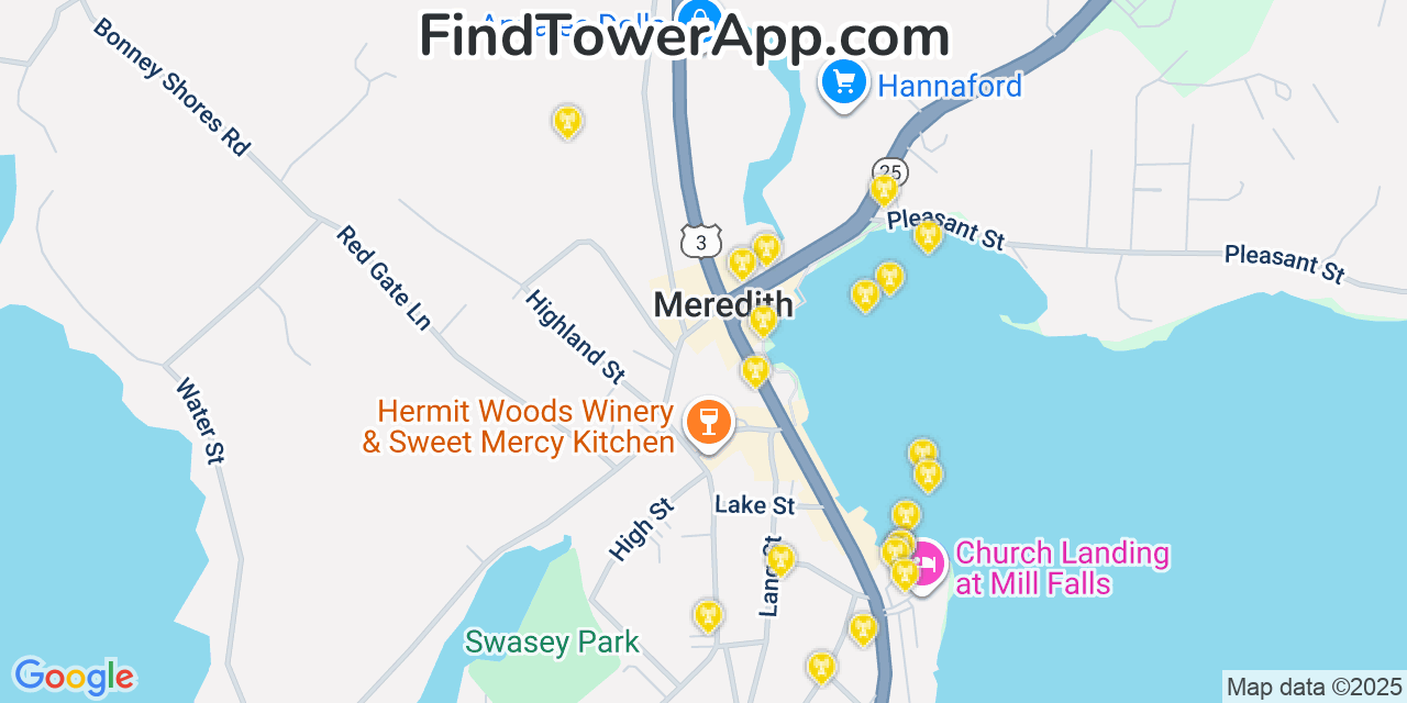 Map showing the 20 primary cell tower locations detected in Meredith, New Hampshire from AT&T, Verizon, and T-Mobile networks