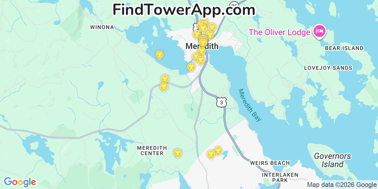 Map showing the 20 primary cell tower locations detected in Meredith, New Hampshire from AT&T, Verizon, and T-Mobile networks