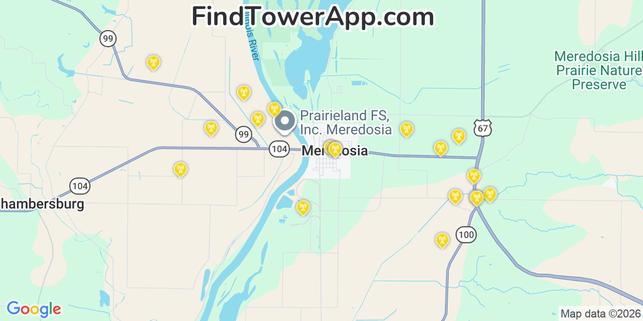 Map showing the 20 primary cell tower locations detected in Meredosia, Illinois from AT&T, Verizon, and T-Mobile networks