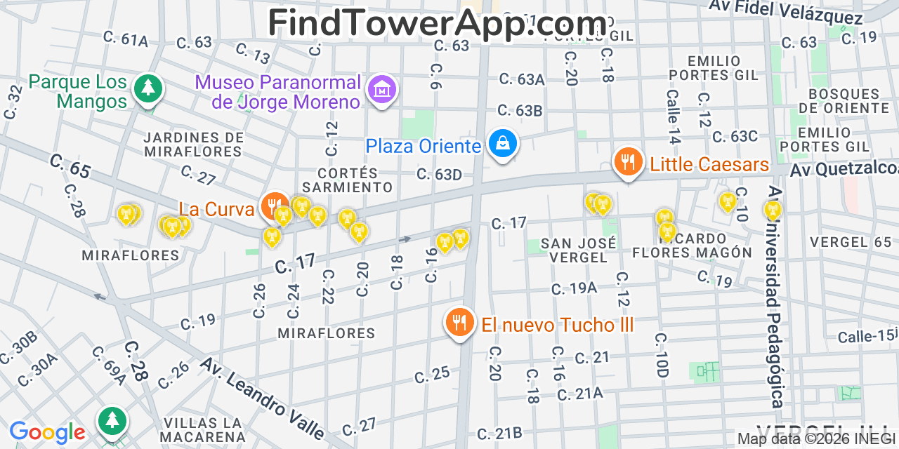 Map showing the 20 primary AT&T cell tower locations in Mérida, Mexico