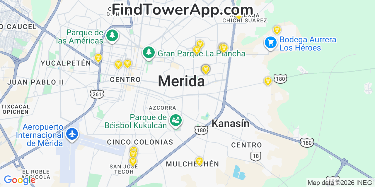 Map showing the 20 primary Altan Redes cell tower locations in Mérida, Mexico