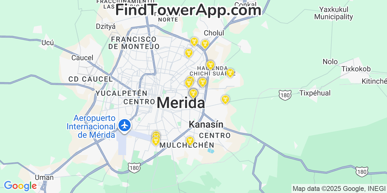 Map showing the 20 primary Altán Redes S.A.P.I. de C.V. cell tower locations in Mérida, Mexico