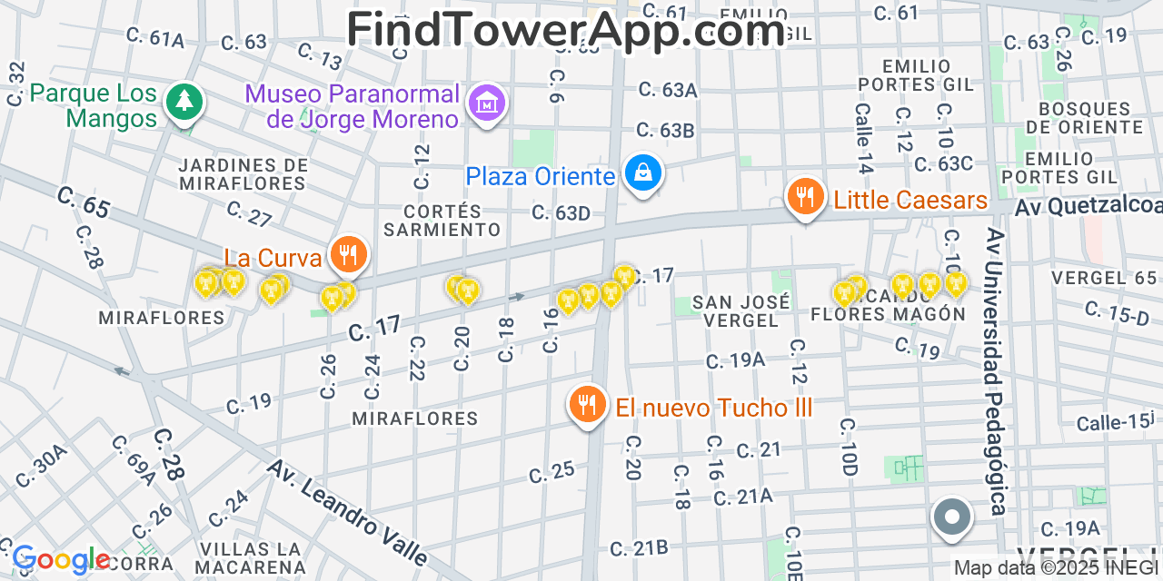 Map showing the 20 primary cell tower locations detected in Mérida, Mexico with coverage areas and signal strength