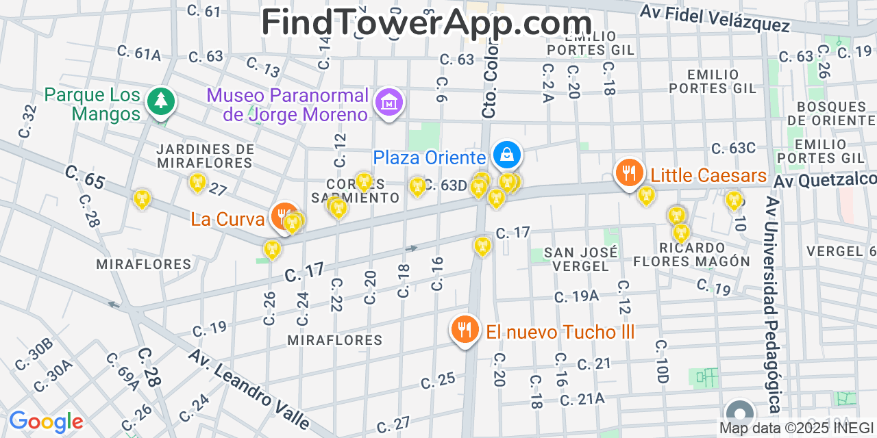 Map showing the 20 primary Movistar cell tower locations in Mérida, Mexico