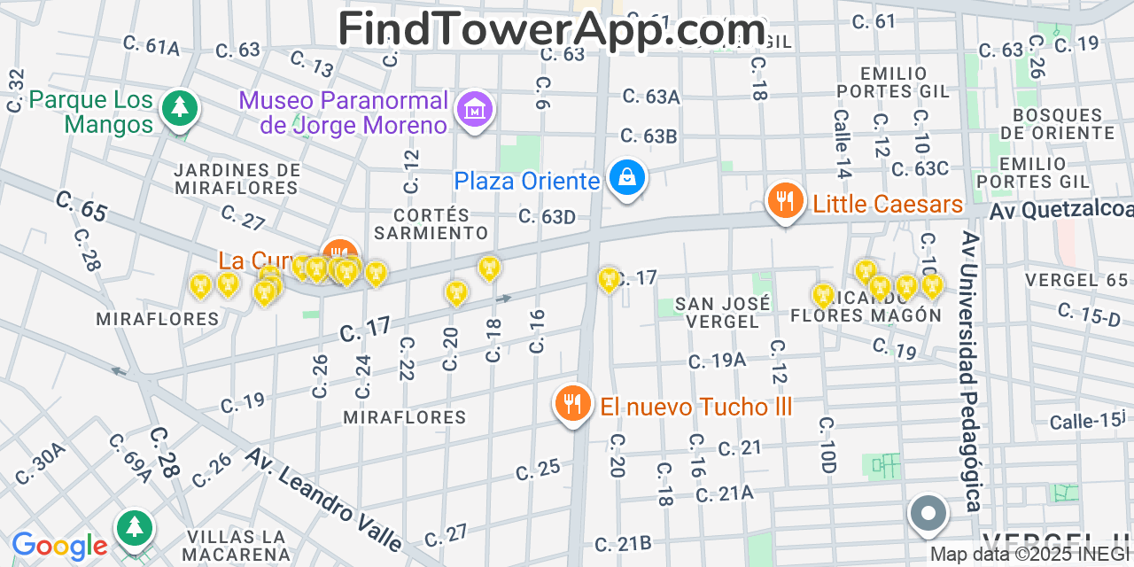 Map showing the 20 primary Telcel cell tower locations in Mérida, Mexico