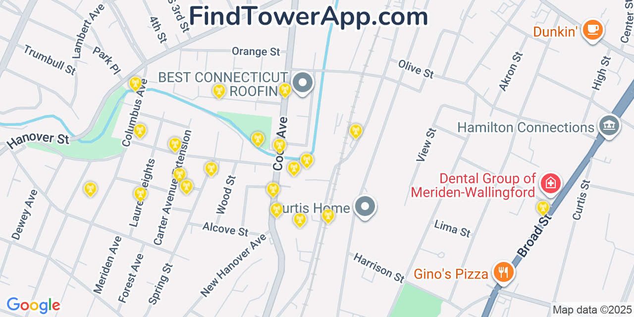 Map showing the 20 primary cell tower locations detected in Meriden, Connecticut from AT&T, Verizon, and T-Mobile networks