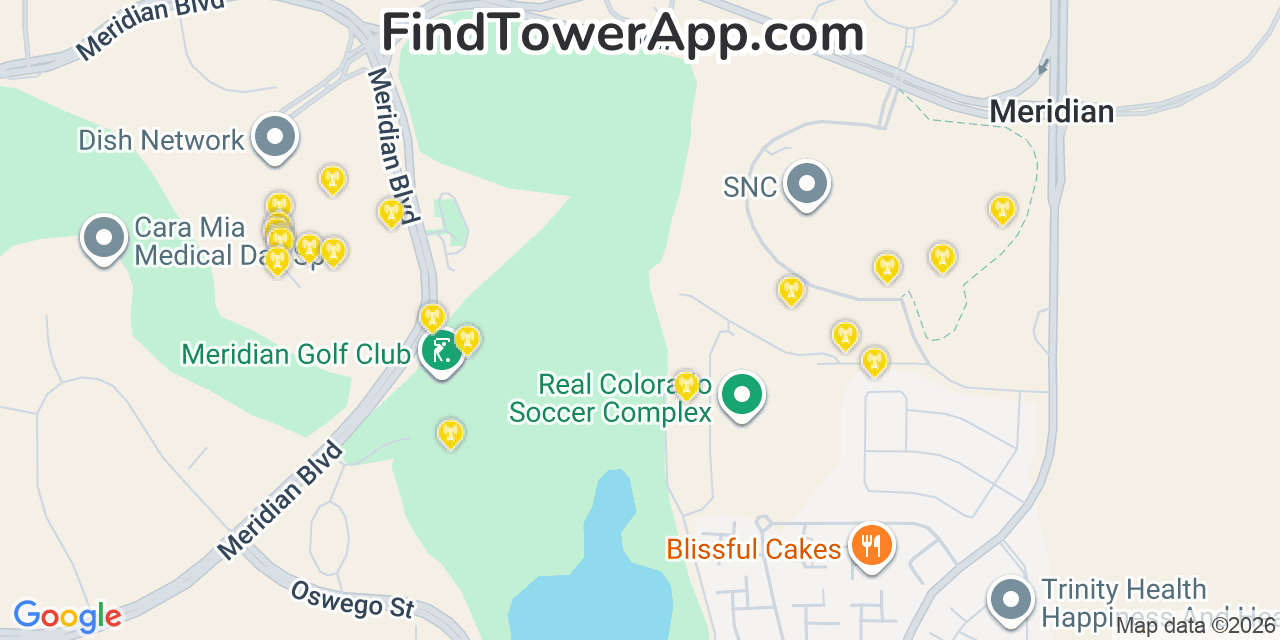 Map showing the 20 primary cell tower locations detected in Meridian, Colorado from AT&T, Verizon, and T-Mobile networks