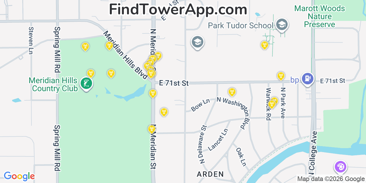 Map showing the 20 primary cell tower locations detected in Meridian Hills, Indiana from AT&T, Verizon, and T-Mobile networks