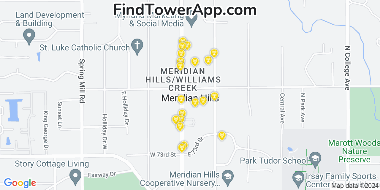 Verizon 4G/5G cell tower coverage map Meridian Hills, Indiana