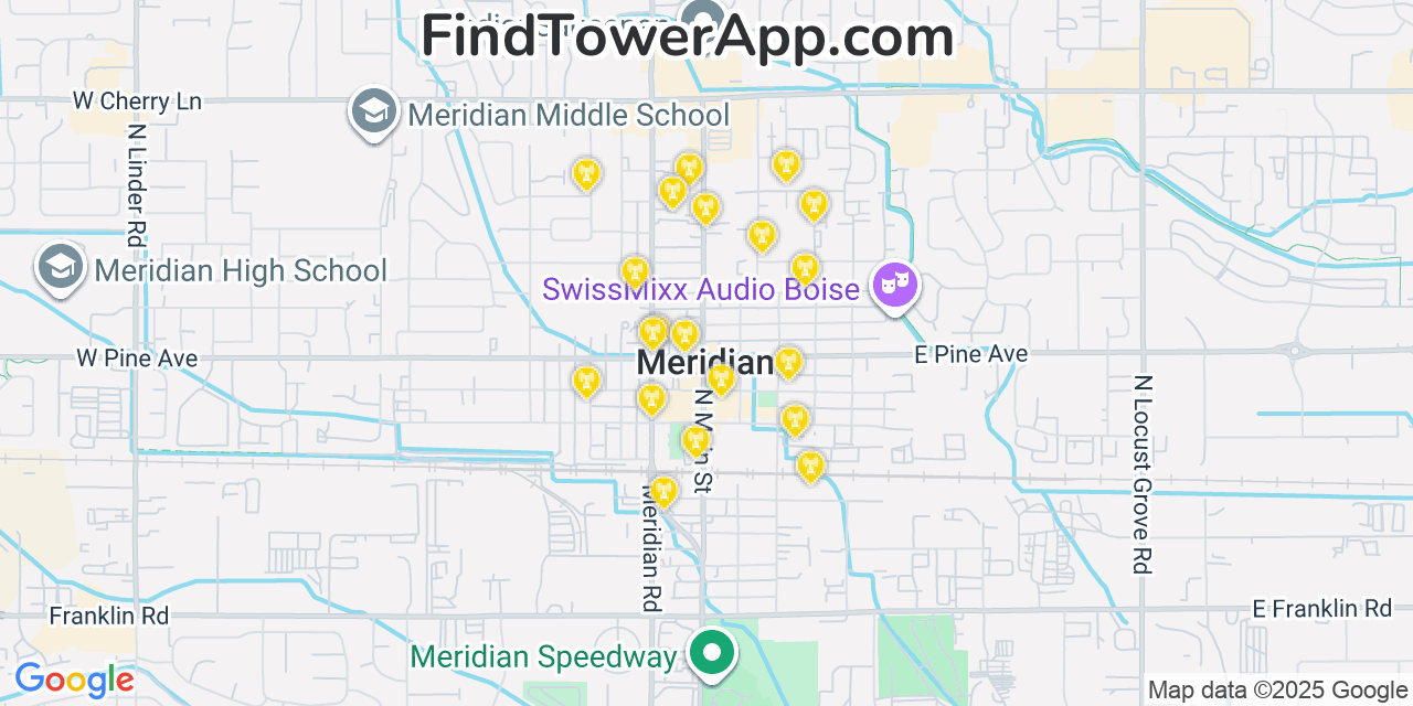 Map showing the 20 primary cell tower locations detected in Meridian, Idaho from AT&T, Verizon, and T-Mobile networks