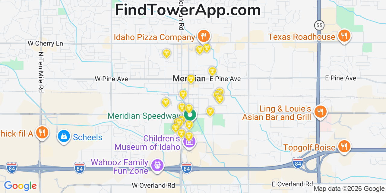 Map showing the 20 primary cell tower locations detected in Meridian, Idaho from AT&T, Verizon, and T-Mobile networks