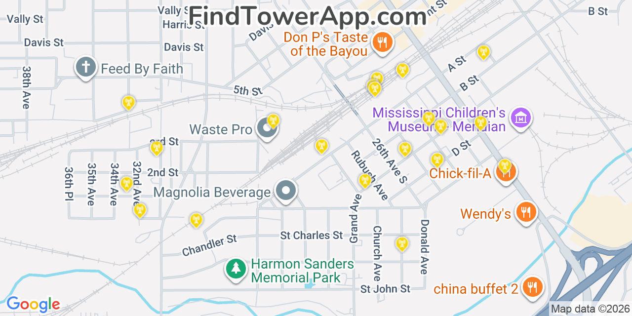 Map showing the 20 primary cell tower locations detected in Meridian, Mississippi from AT&T, Verizon, and T-Mobile networks