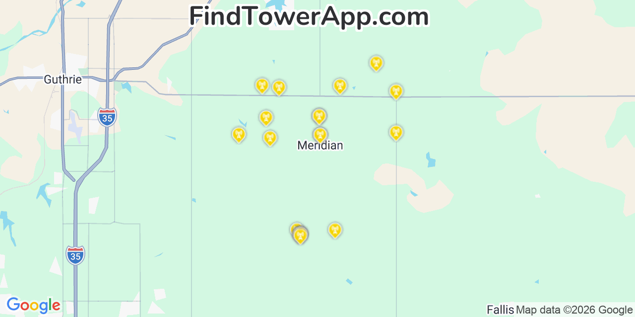 Map showing the 20 primary cell tower locations detected in Meridian, Oklahoma from AT&T, Verizon, and T-Mobile networks