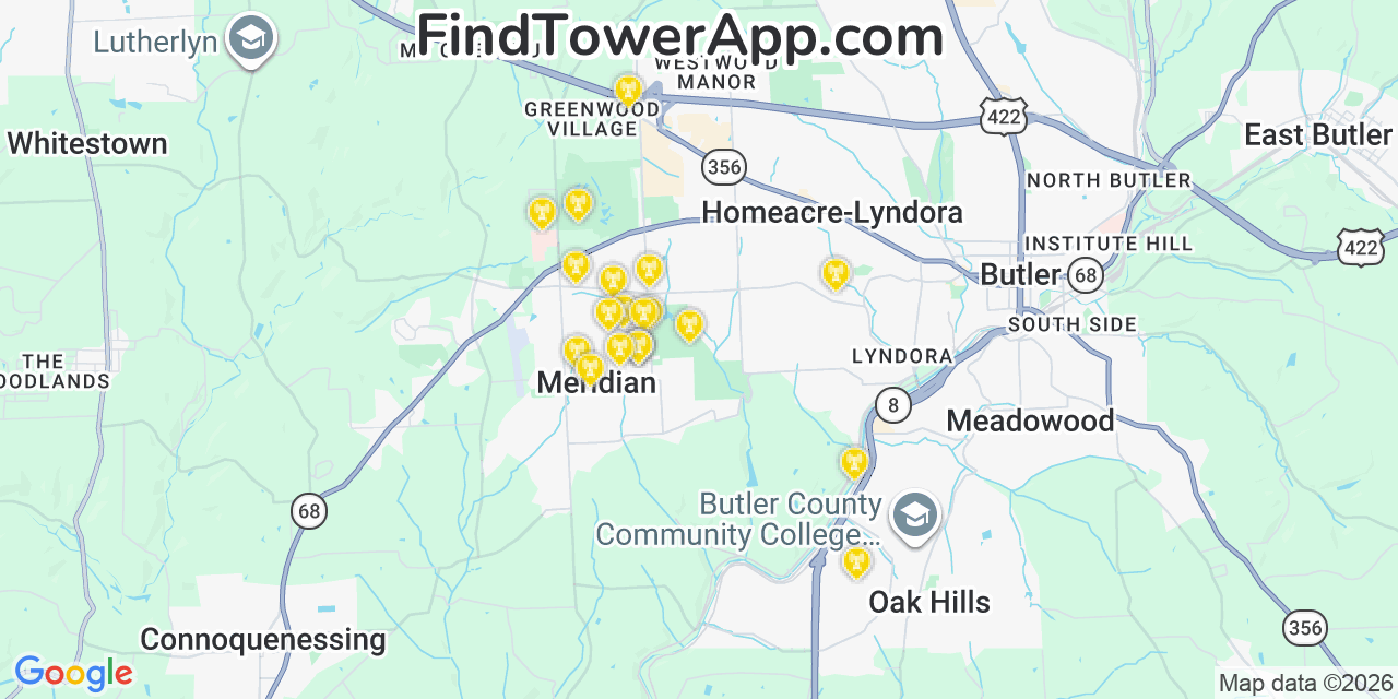 Map showing the 20 primary cell tower locations detected in Meridian, Pennsylvania from AT&T, Verizon, and T-Mobile networks