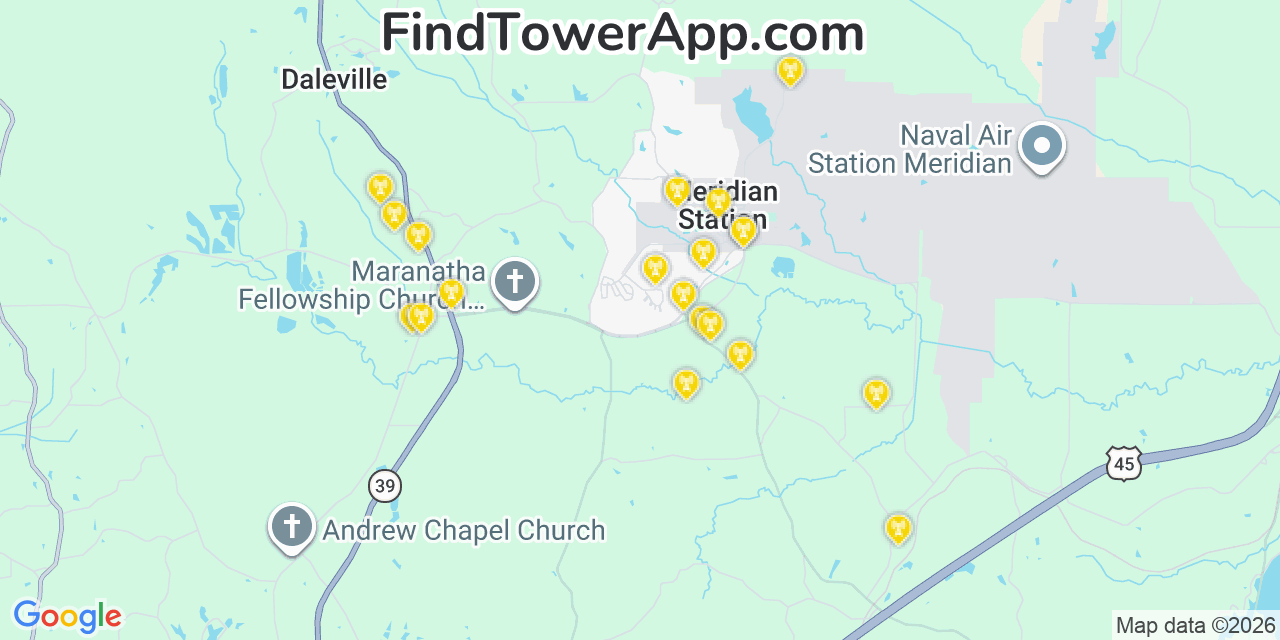Map showing the 20 primary cell tower locations detected in Meridian Station, Mississippi from AT&T, Verizon, and T-Mobile networks