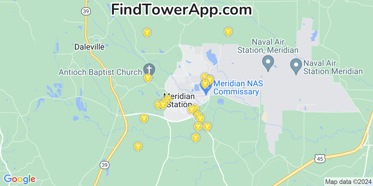 Verizon 4G/5G cell tower coverage map Meridian Station, Mississippi