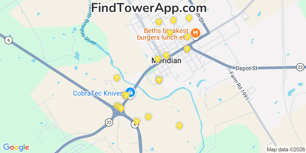 Map showing the 20 primary cell tower locations detected in Meridian, Texas from AT&T, Verizon, and T-Mobile networks