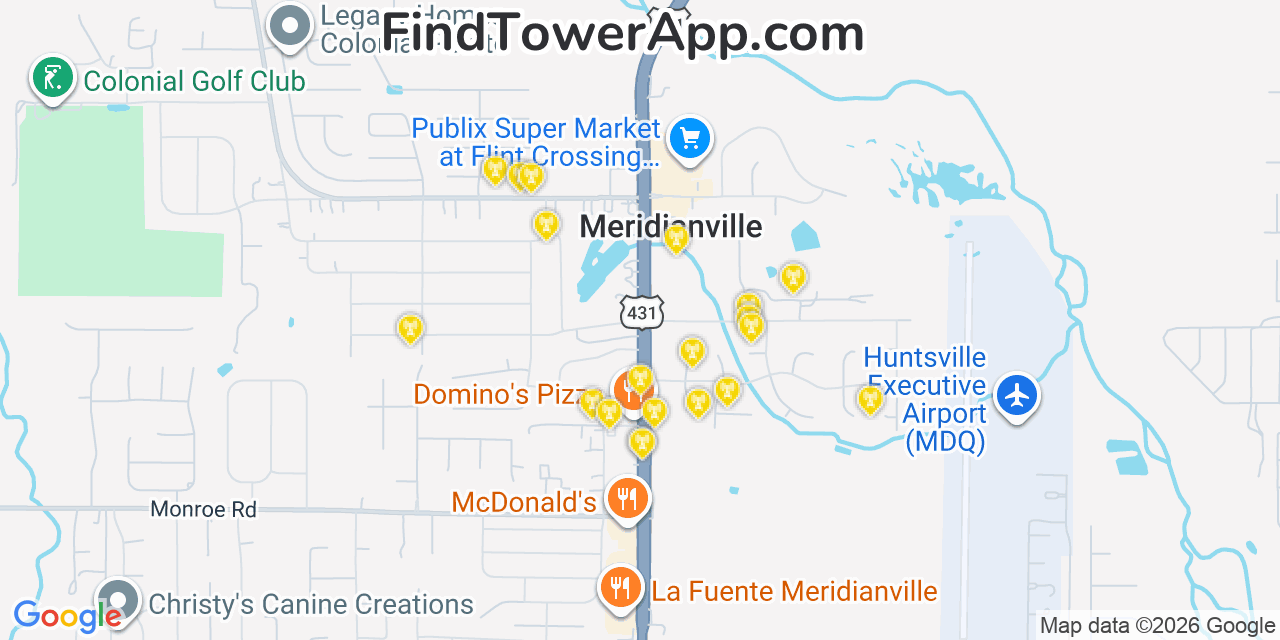 Map showing the 20 primary cell tower locations detected in Meridianville, Alabama from AT&T, Verizon, and T-Mobile networks