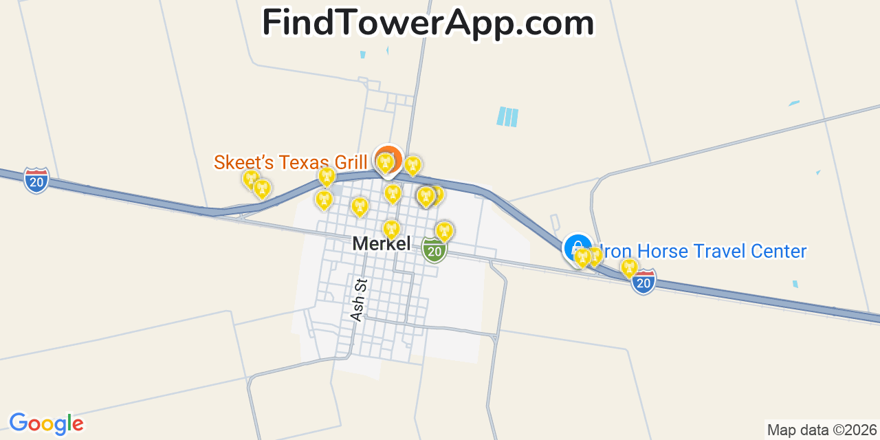 Map showing the 20 primary cell tower locations detected in Merkel, Texas from AT&T, Verizon, and T-Mobile networks