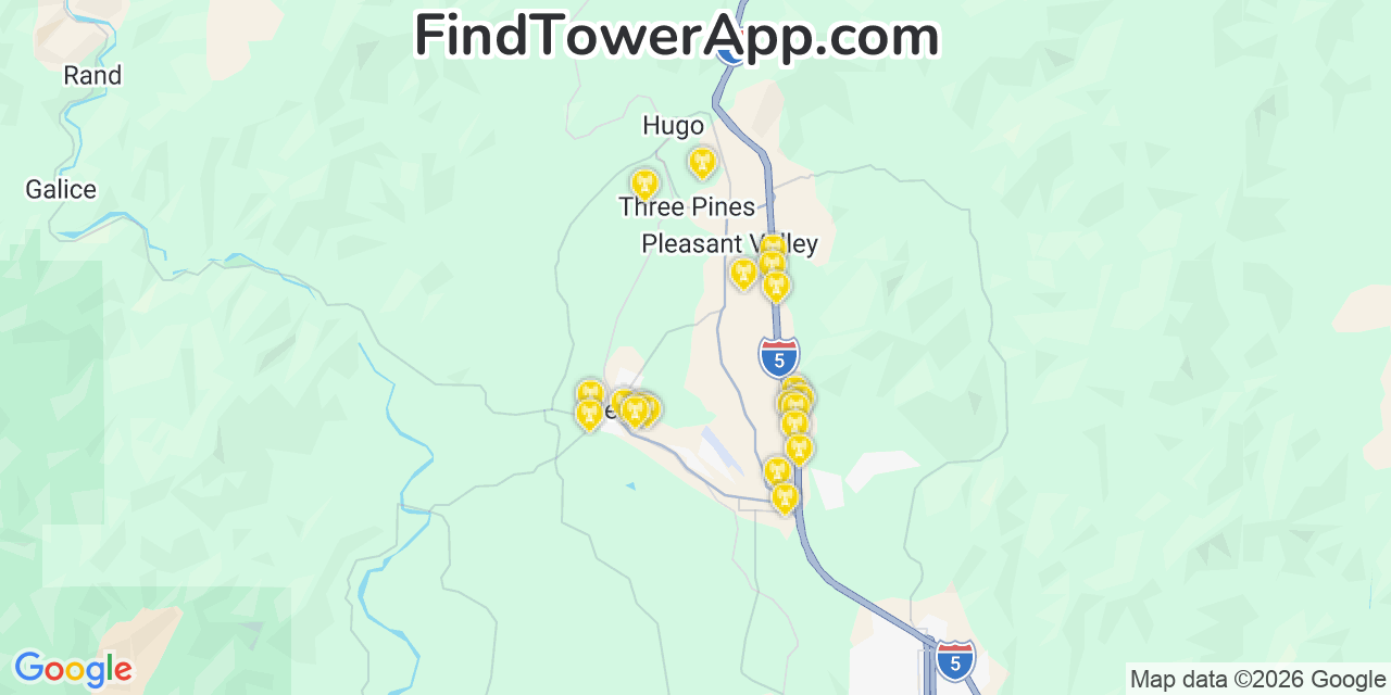 Map showing the 20 primary cell tower locations detected in Merlin, Oregon from AT&T, Verizon, and T-Mobile networks