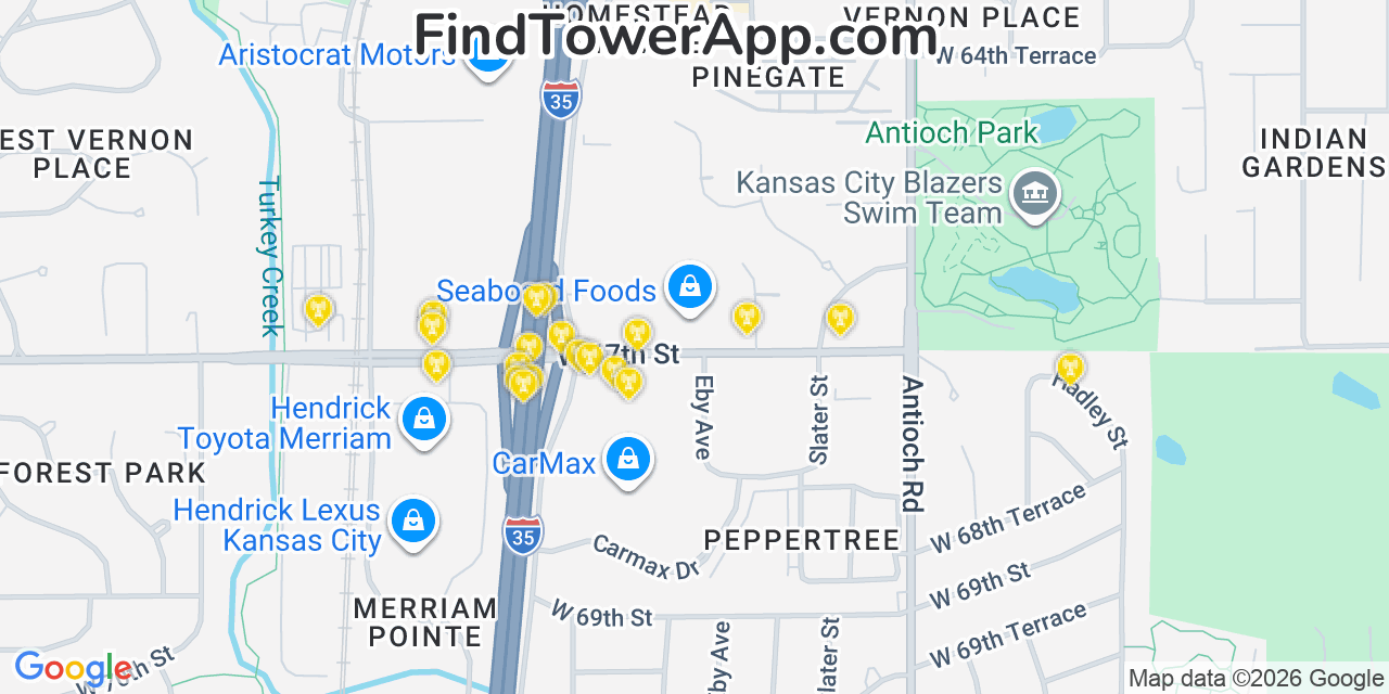 Map showing the 20 primary cell tower locations detected in Merriam, Kansas from AT&T, Verizon, and T-Mobile networks