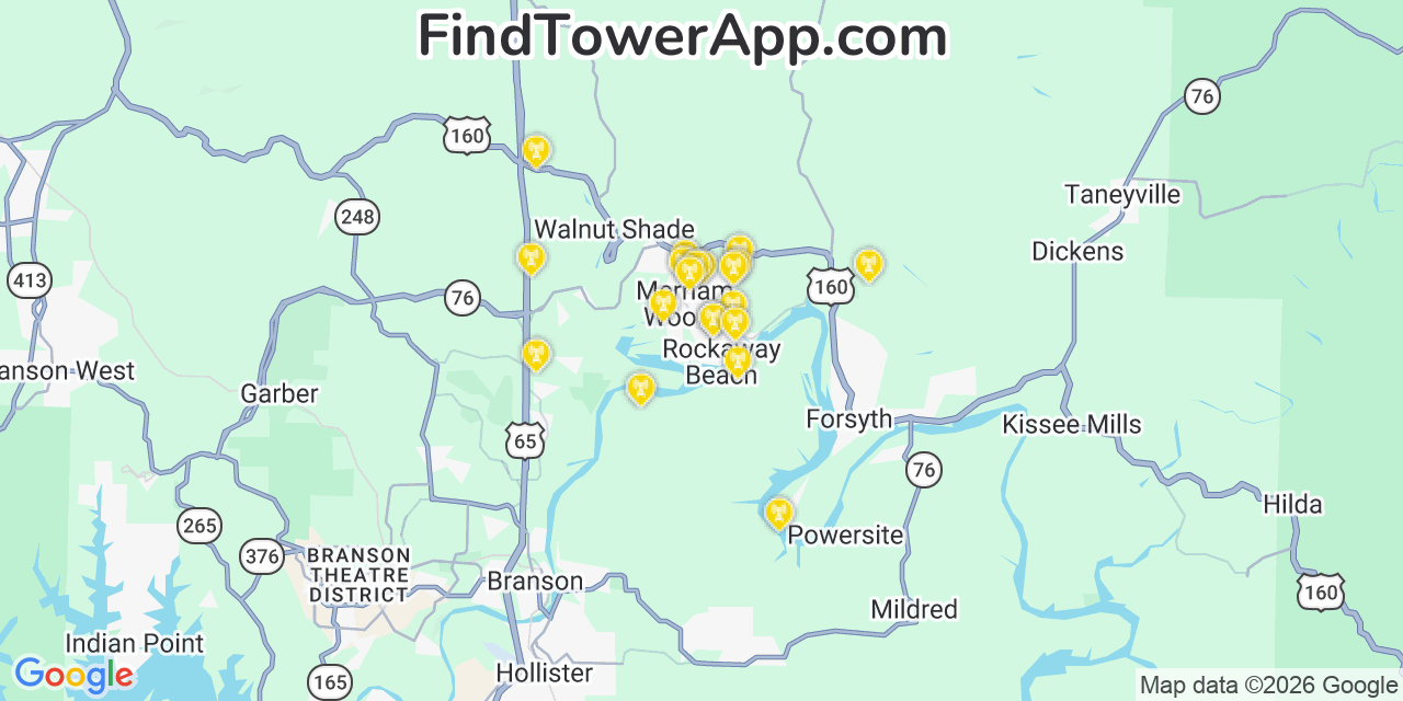 Map showing the 20 primary cell tower locations detected in Merriam Woods, Missouri from AT&T, Verizon, and T-Mobile networks
