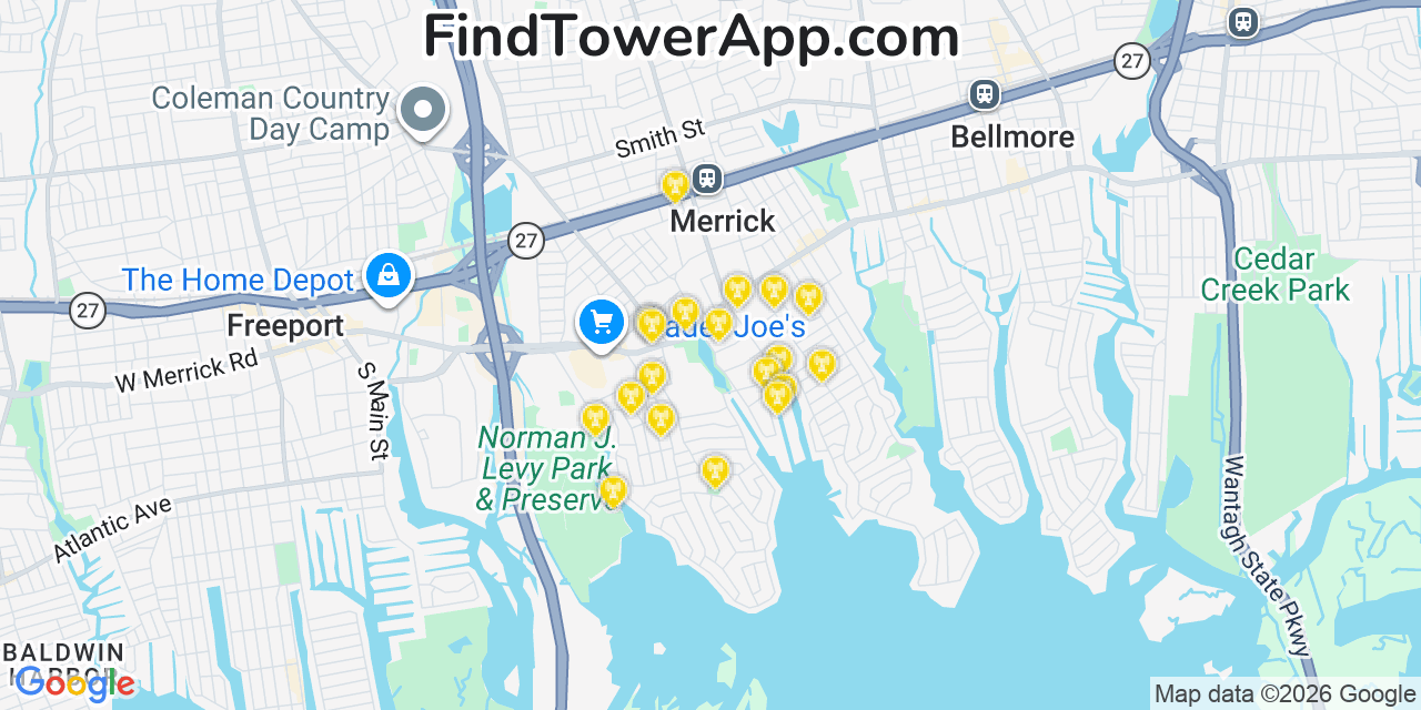 Map showing the 20 primary cell tower locations detected in Merrick, New York from AT&T, Verizon, and T-Mobile networks
