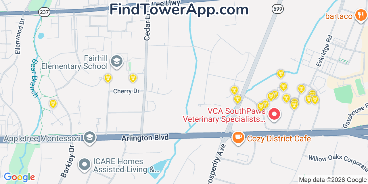 Map showing the 20 primary cell tower locations detected in Merrifield, Virginia from AT&T, Verizon, and T-Mobile networks