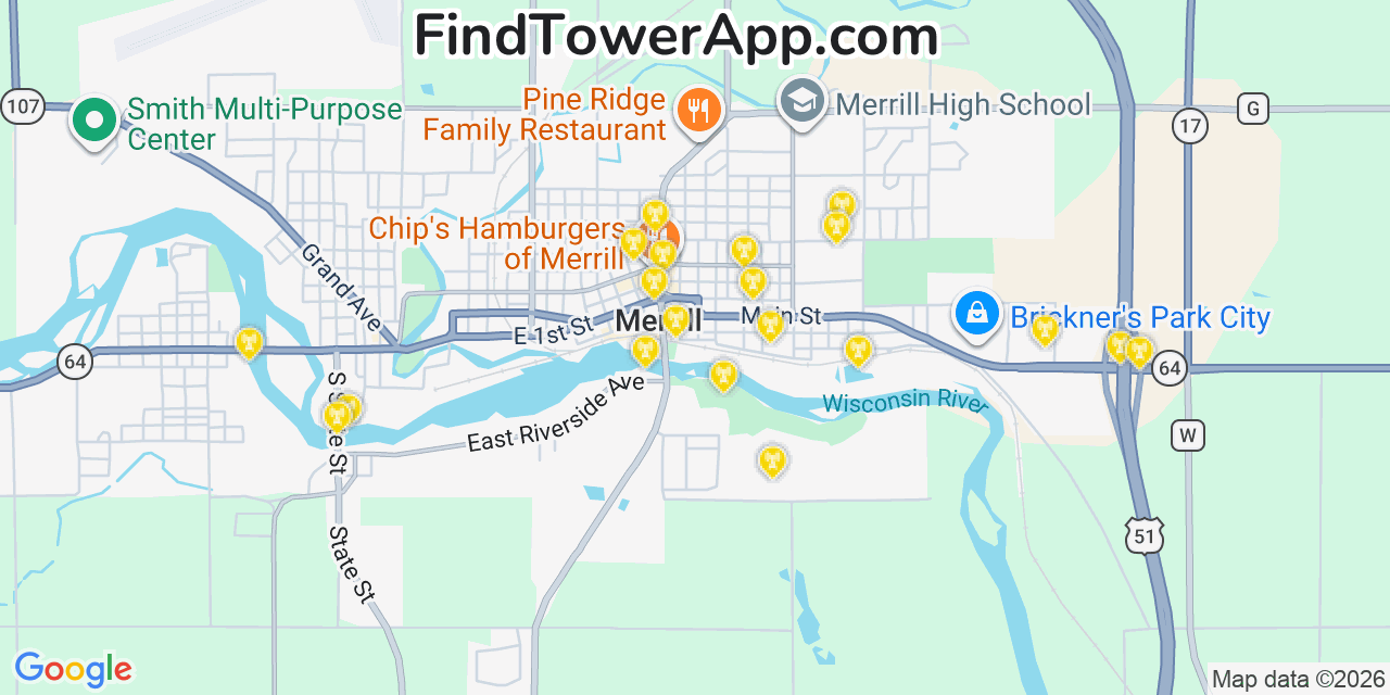 Map showing the 20 primary cell tower locations detected in Merrill, Wisconsin from AT&T, Verizon, and T-Mobile networks