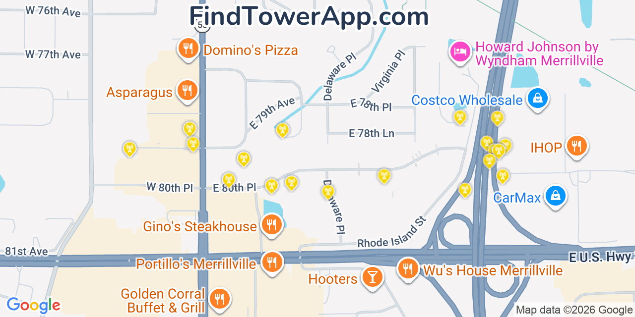 Map showing the 20 primary cell tower locations detected in Merrillville, Indiana from AT&T, Verizon, and T-Mobile networks