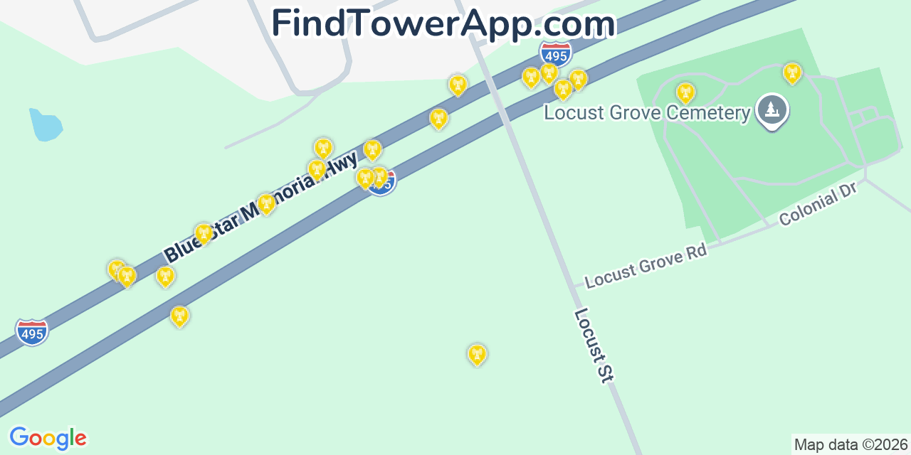 Map showing the 20 primary cell tower locations detected in Merrimac, Massachusetts from AT&T, Verizon, and T-Mobile networks