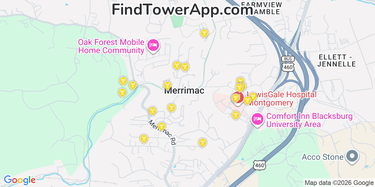 Map showing the 20 primary cell tower locations detected in Merrimac, Virginia from AT&T, Verizon, and T-Mobile networks