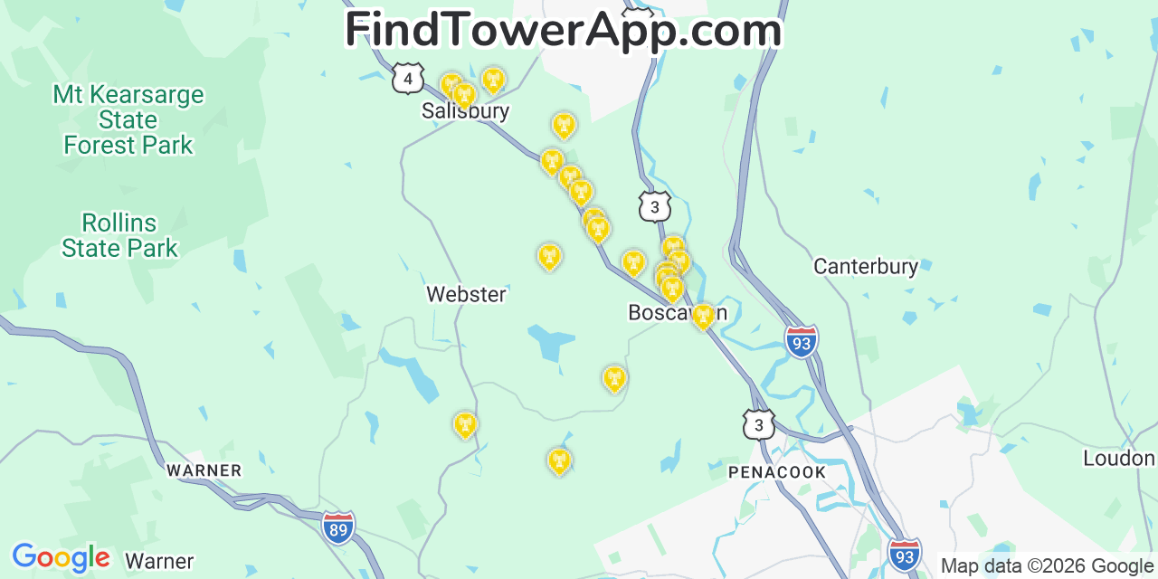 Map showing the 20 primary cell tower locations detected in Merrimack, New Hampshire from AT&T, Verizon, and T-Mobile networks