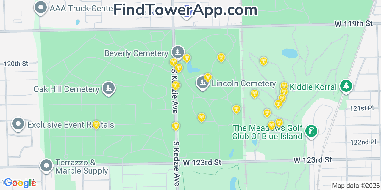 Map showing the 20 primary cell tower locations detected in Merrionette Park, Illinois from AT&T, Verizon, and T-Mobile networks
