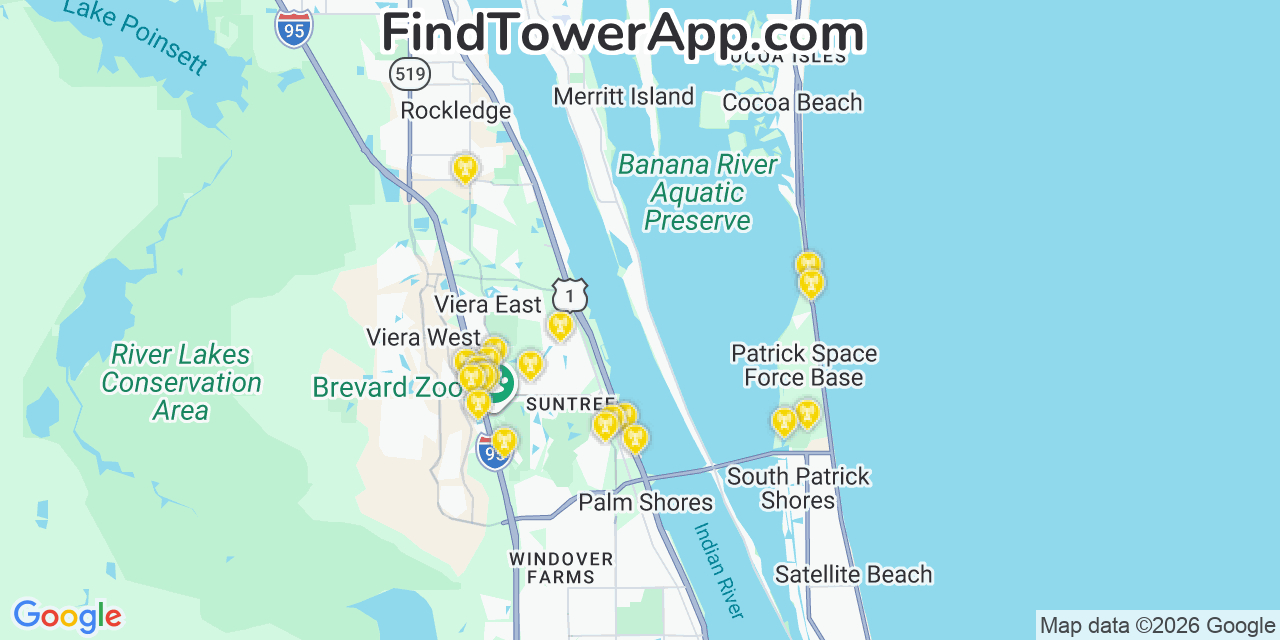 Map showing the 20 primary cell tower locations detected in Merritt Island, Florida from AT&T, Verizon, and T-Mobile networks