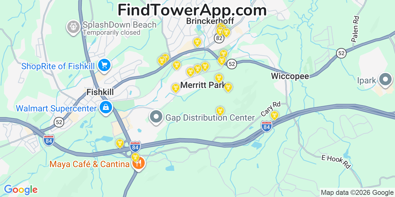 Map showing the 20 primary cell tower locations detected in Merritt Park, New York from AT&T, Verizon, and T-Mobile networks