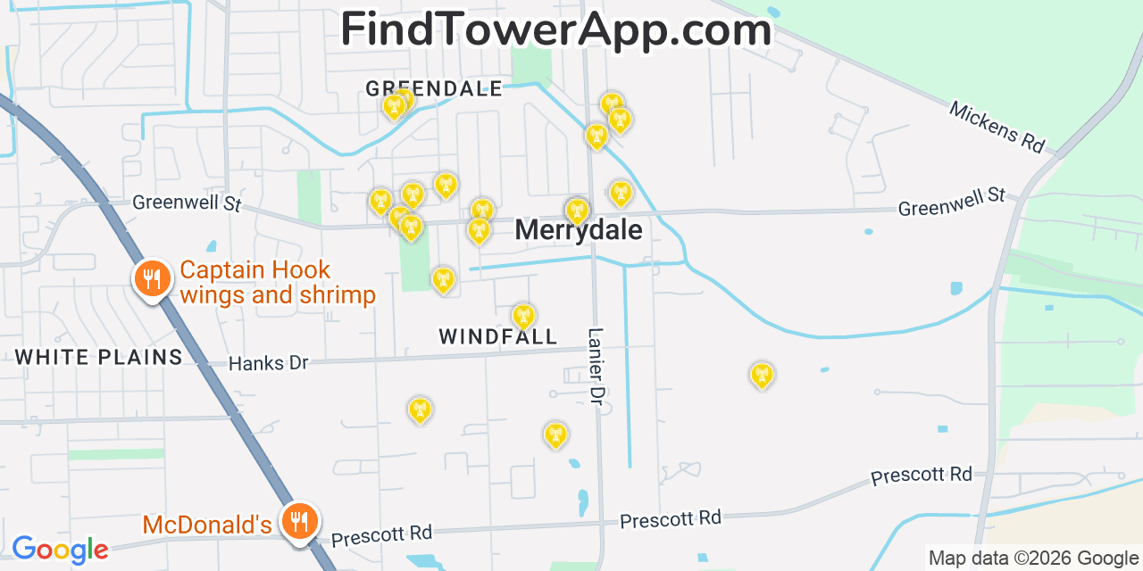 Map showing the 20 primary cell tower locations detected in Merrydale, Louisiana from AT&T, Verizon, and T-Mobile networks