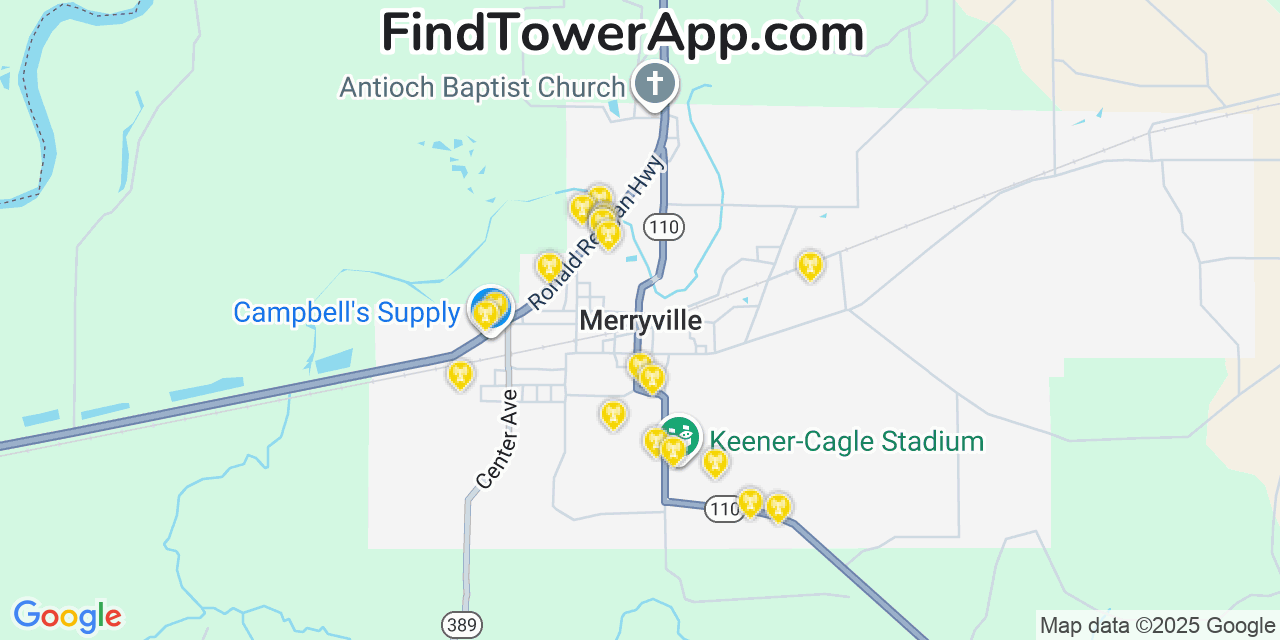 Map showing the 20 primary cell tower locations detected in Merryville, Louisiana from AT&T, Verizon, and T-Mobile networks