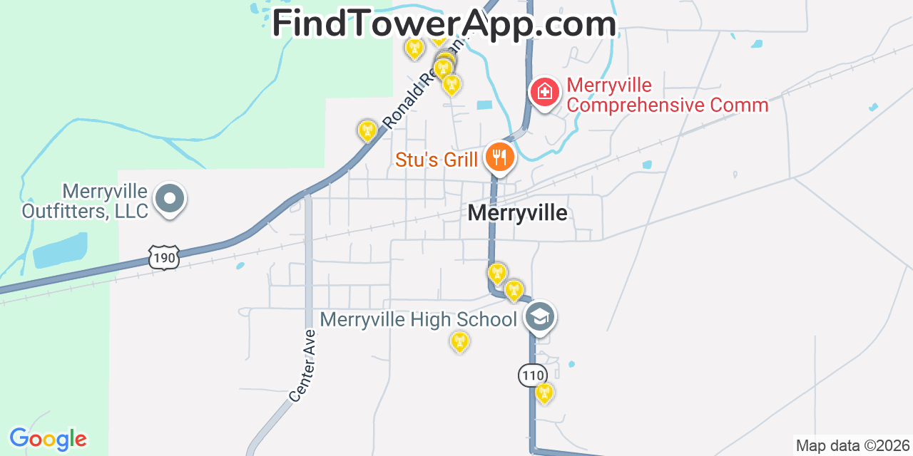 Map showing the 20 primary cell tower locations detected in Merryville, Louisiana from AT&T, Verizon, and T-Mobile networks