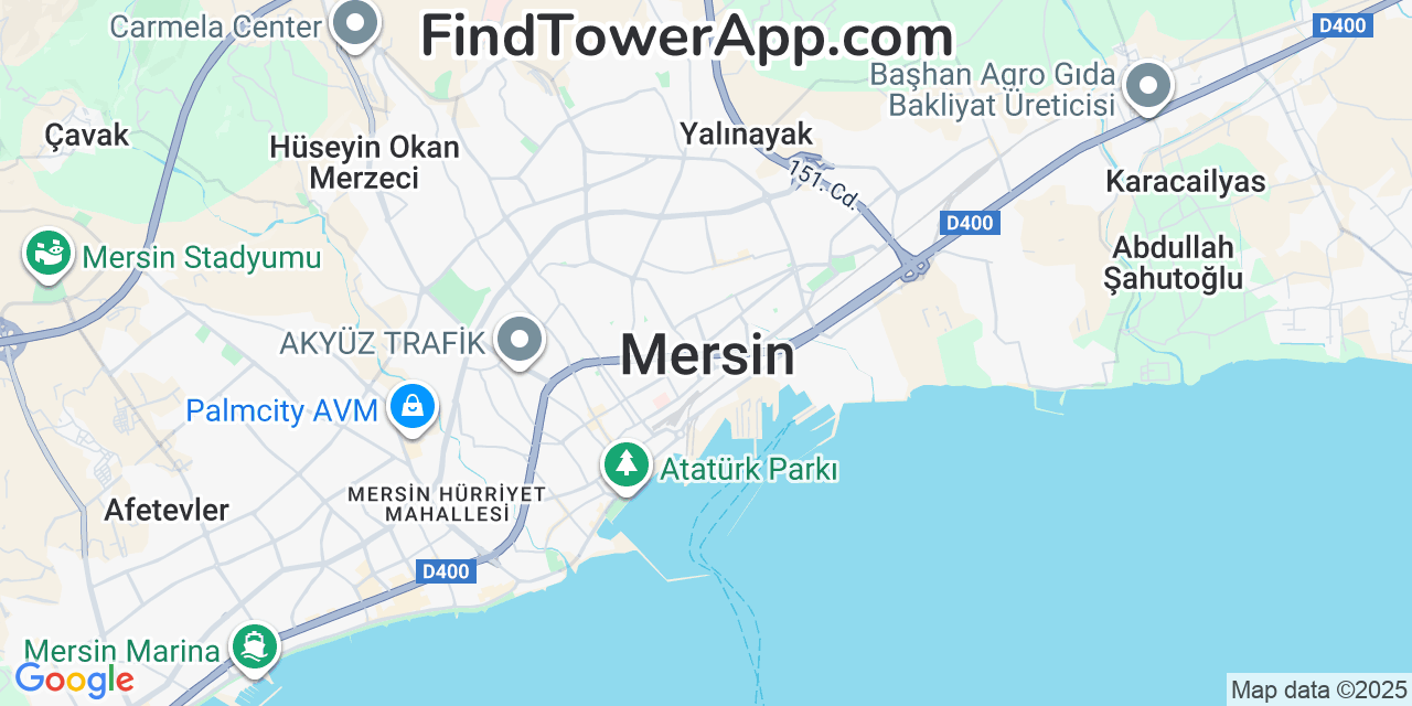 Map showing the 0 primary Türk-Telekom cell tower locations detected in Mersin, Turkey with coverage radius and signal strength indicators