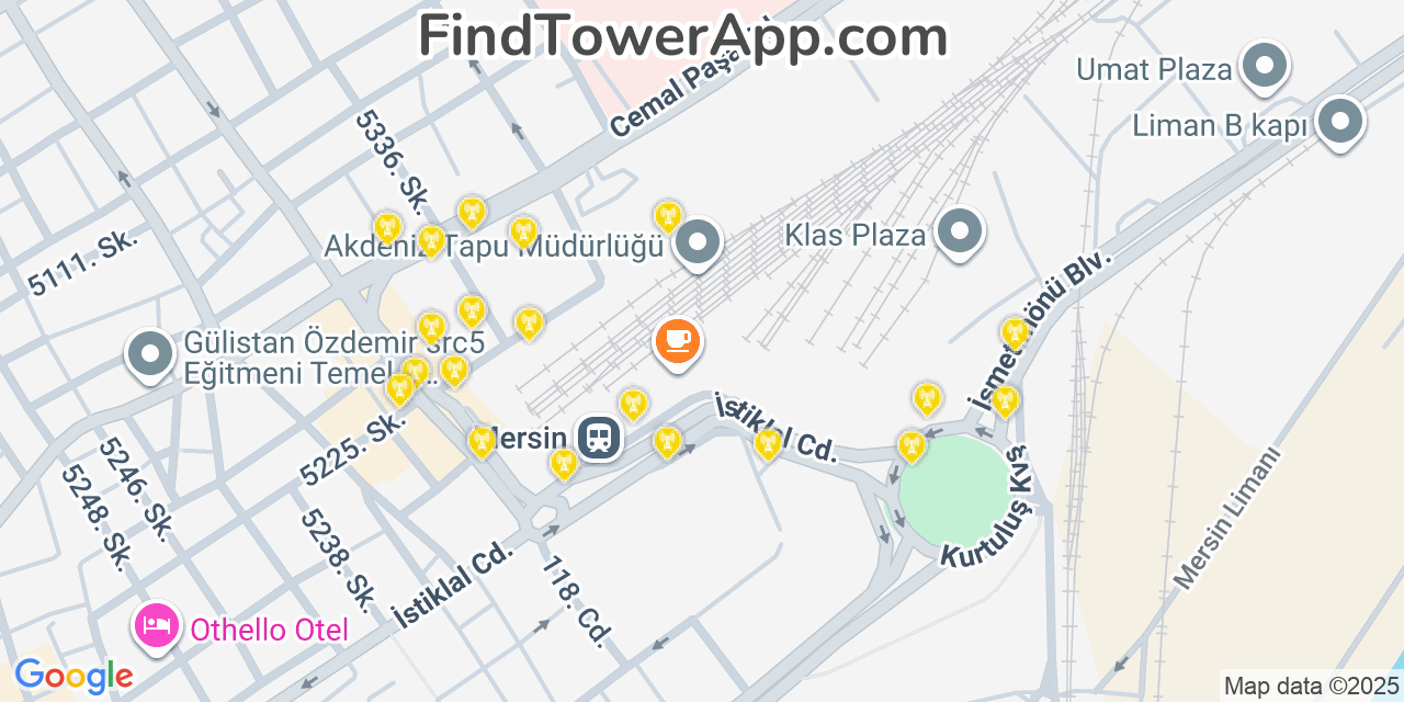 Map showing the 20 primary Türk Telekom cell tower locations in Mersin, Turkey