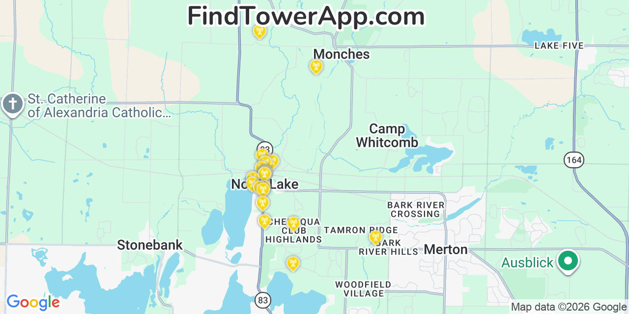 Map showing the 20 primary cell tower locations detected in Merton, Wisconsin from AT&T, Verizon, and T-Mobile networks