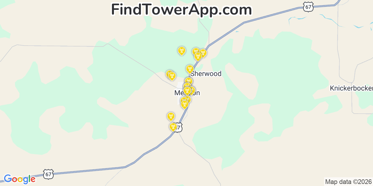 Map showing the 20 primary cell tower locations detected in Mertzon, Texas from AT&T, Verizon, and T-Mobile networks