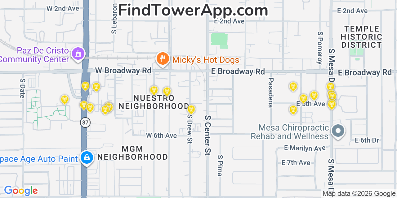 Map showing the 20 primary cell tower locations detected in Mesa, Arizona from AT&T, Verizon, and T-Mobile networks