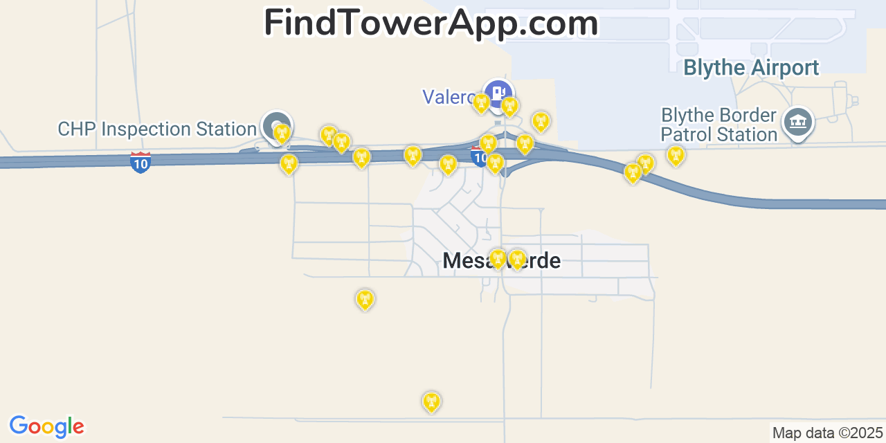 Map showing the 20 primary cell tower locations detected in Mesa Verde, California from AT&T, Verizon, and T-Mobile networks